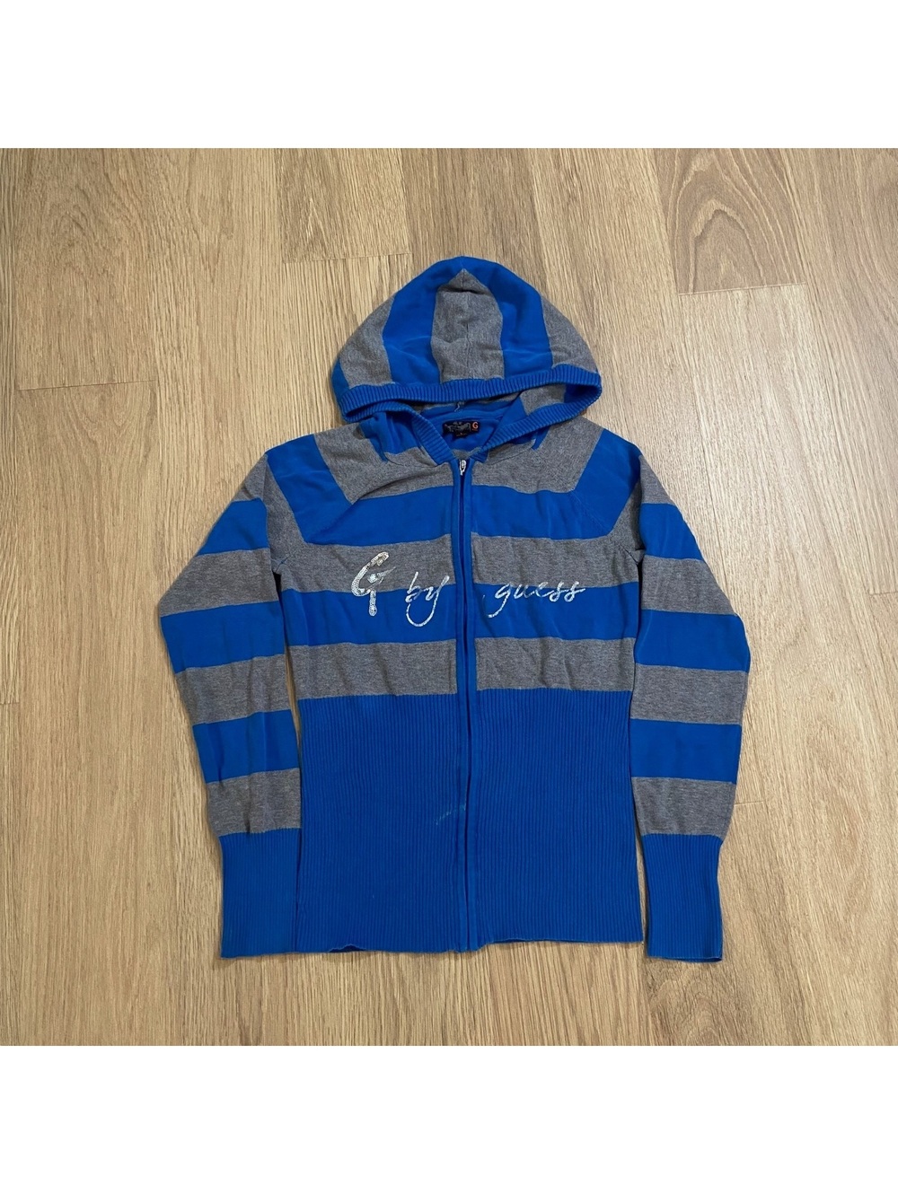 Y2K G by Guess Blue and Gray Striped Hooded Zip-Up Sweater Size L